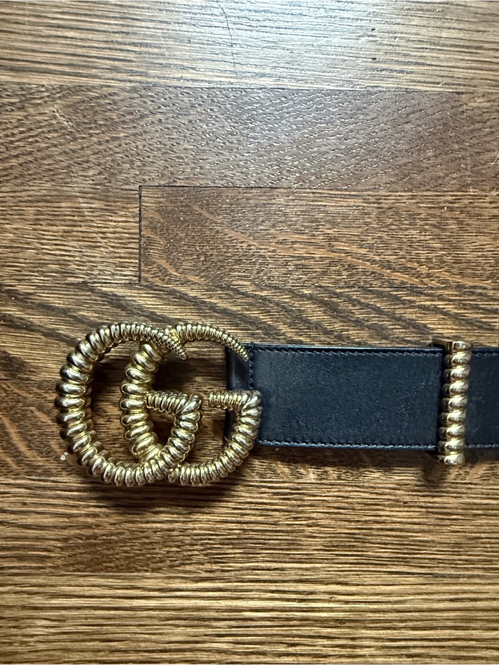 Gucci Black Leather Belt with Gold Coiled Double-G Buckle